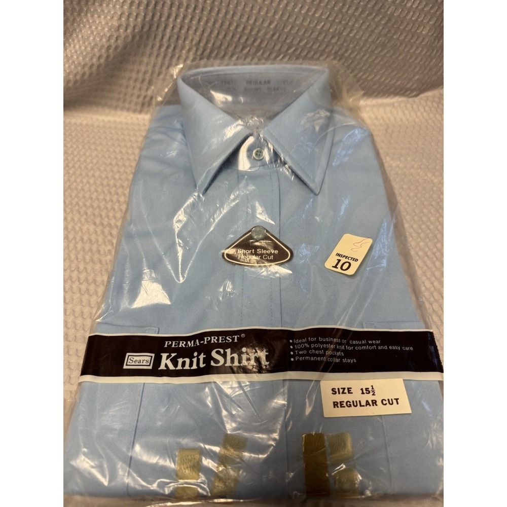 VTG 1970s Sears Best Perma-Prest Light Blue Knit Dress Shirt 15 1/2 (Medium) NOS